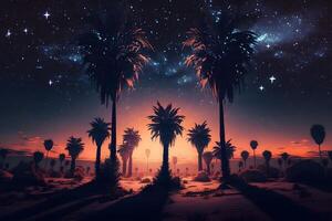 fantasia futurista noite panorama com Palma árvores neural rede ai gerado arte foto