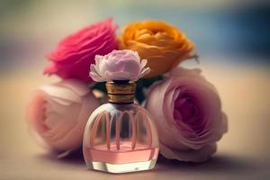 garrafa do perfume fresco rosa Flor delicado pastel colori tons. neural rede gerado arte foto