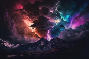 relâmpago com colorida dramático nuvens. neural rede ai gerado foto