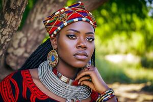 retrato do uma lindo africano mulher dentro étnico estilo. neural rede ai gerado foto
