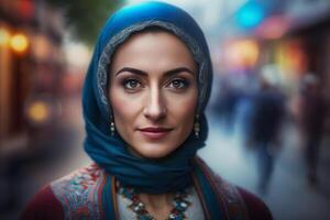 retrato do jovem muçulmano mulher vestindo hijab cabeça. neural rede ai gerado foto