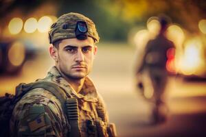 orgulhoso exército soldado retrato. neural rede ai gerado foto