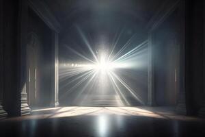 corredor com raios do luz para meditação. espiritual têmpora. neural rede ai gerado foto