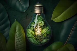 luz lâmpada contra natureza em verde folhas energia fontes para renovável, sustentável desenvolvimento. ecologia conceito. neural rede ai gerado foto