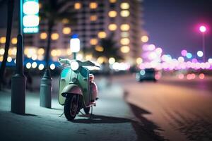 lambreta ciclomotor às oceano dirigir miami de praia às noite com néon luzes a partir de hotéis. neural rede ai gerado foto