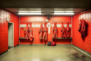 armário quarto do uma fogo departamento com proteção uniformes e capacetes. neural rede ai gerado foto