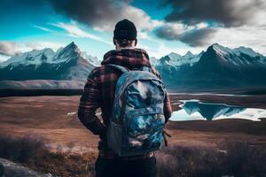 turista com uma mochila dentro uma montanha caminhada. neural rede ai gerado foto