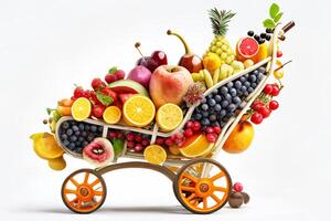 uma supermercado carrinho cheio do diferente frutas e legumes. branco fundo. generativo ai foto
