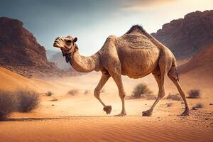 uma selvagem camelo anda em através a sahara deserto. generativo ai foto