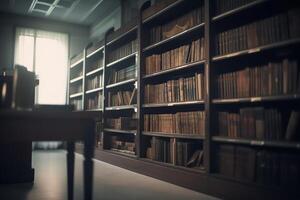 borrado vintage estantes de livros dentro público biblioteca interior. ai gerado foto