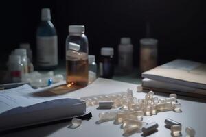 pharma contas, garrafas, droga pesquisa com cópia de espaço. ai gerado foto