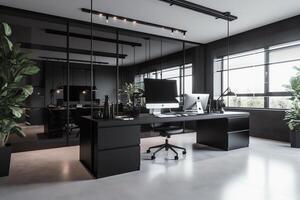 moderno Preto e branco escritório com Preto vidro. ai gerado foto