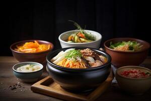 uma mesa cheio do coreano Comida. ai gerado. foto