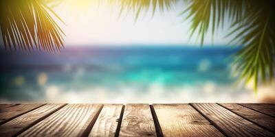a madeira mesa dentro a de praia dentro verão Tempo com ai gerado. foto