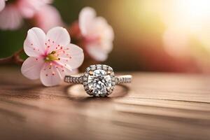 joalheria diamante anel com cereja Flor em de madeira mesa ai gerado foto