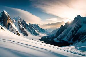 lindo inverno alpino panorama com coberto de neve montanhas ai gerado foto