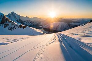 lindo inverno pôr do sol dentro a montanhas. lindo inverno panorama com neve coberto montanhas ai gerado foto