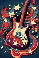 país música festival poster com elétrico guitarra e estrelas. ai foto