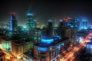 moderno cidade noite brilhante luz ilustração fundo com generativo ai foto