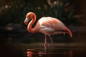 uma fechar acima do uma flamingo dentro a água. ai generativo foto