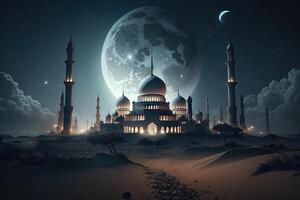 mesquita islâmico Ramadã lua fundo Sombrio cinematográfico fundo ai gerado foto