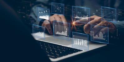 o negócio inteligência painel de controle grande dados diagrama gráfico virtual tela. econômico análise e investimento finança e marketing planejamento e o negócio inteligência bi conceito. foto