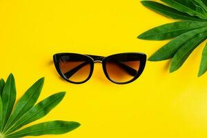 oculos de sol e verde folhas em amarelo fundo. foto