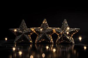 três ouro estrelas em Preto fundo com brilhos. Natal véspera. ai gerado foto