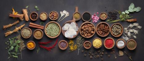 grupo do tradicional medicamento, topo Visão com estético arranjo em concreto fundo. foto