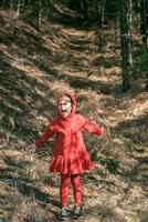 assustado pequeno menina dentro a madeiras foto