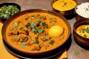 indiano cozinha. sortido indiano Comida Incluindo grão de bico, Curry, Masala e naan. generativo ai foto