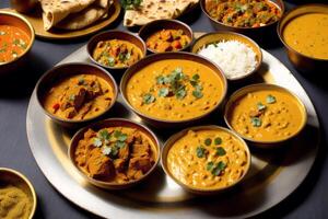 indiano cozinha. sortido indiano Comida Incluindo grão de bico, Curry, Masala e naan. generativo ai foto