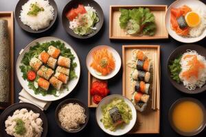 japonês cozinha. Sushi e rolos em a mesa dentro a restaurante. generativo ai foto
