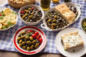 grego cozinha. tradicional grego Aperitivo com Húmus, azeitonas, tomates e Oliva óleo. generativo ai foto