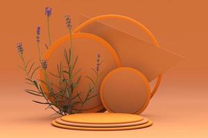 3d laranja volta pódio com outono composição do lavanda plantas. pedestal para cuidados com a pele produtos em pastel fundo. bandeira para branding e embalagem apresentação foto