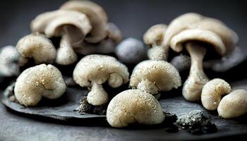 desfocar cru cogumelos champignon em Preto fundo. generativo ai foto