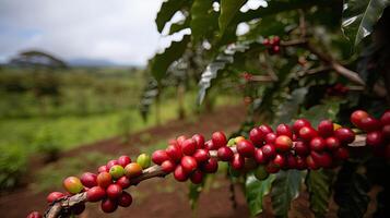 café árvore com vermelho café feijões em café plantação. generativo ai foto