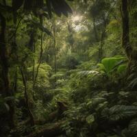 uma denso selva com uma verde folia ai generativo foto