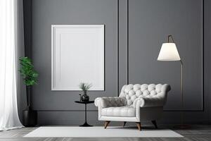 moderno minimalista interior com a cadeirão, uma tapete, uma plantar e uma quadro. generativo ai foto