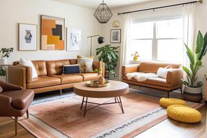 meio século moderno vivo quarto com bronzeado couro sofá, geométrico tapete e arte imprime. generativo ai foto