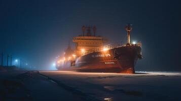 cruzeiro navio gelo disjuntor é mostrando às noite, fatiamento através a nebuloso águas, gerado ai imagem foto