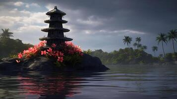 torre Preto pedra e hibisco com bambu, ai gerado imagem foto