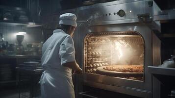 chefe de cozinha dentro branco uniforme e hairnet colocando pizza dentro a forno, gerado ai imagem foto