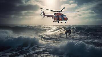 helicóptero com uma sobrevivência nadador suspensão fora, gerado ai imagem foto