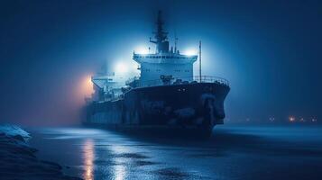 cruzeiro navio gelo disjuntor é mostrando às noite, fatiamento através a nebuloso águas, gerado ai imagem foto