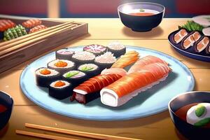 desenho animado Sushi placa, ai gerado foto