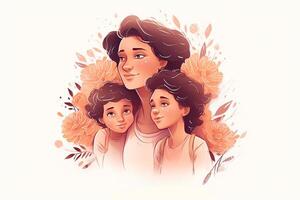 mãe dia cumprimento cartão com família e flores vetor ilustração. generativo ai foto