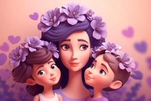 3d Renderização do uma mãe com dela dois filhas em uma Rosa fundo generativo ai foto