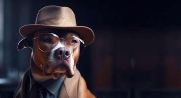 cachorro cavalheiro dentro uma terno, gravata, chapéu e óculos em uma Preto fundo. ai gerado. cabeçalho bandeira brincar com espaço. foto