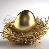 livre foto lindo brilhante dourado ovo dentro pássaro ninho a dourado ovo dentro a ninho generativo ai